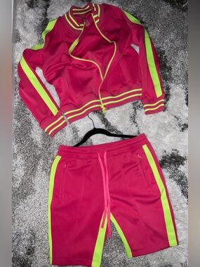 Neon Pink & Lime cold shoulder jacket and short set by Half Heart